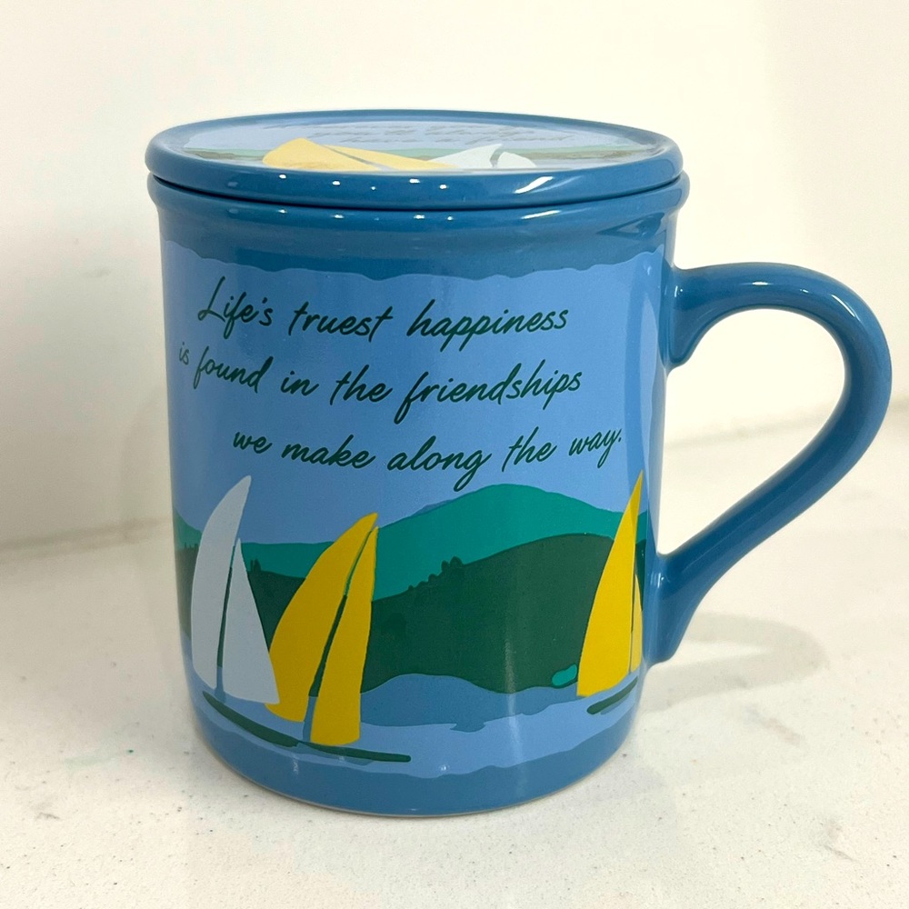 Hallmark Mug Mates Lid Coaster Blue Sailboats Friends Sentiments Vintage